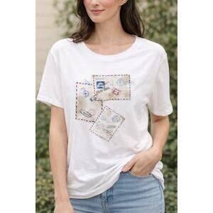 TALBOTS Plus Size White Graphic Tee Vintage Postcard Mail Print Cotton Top | 1X